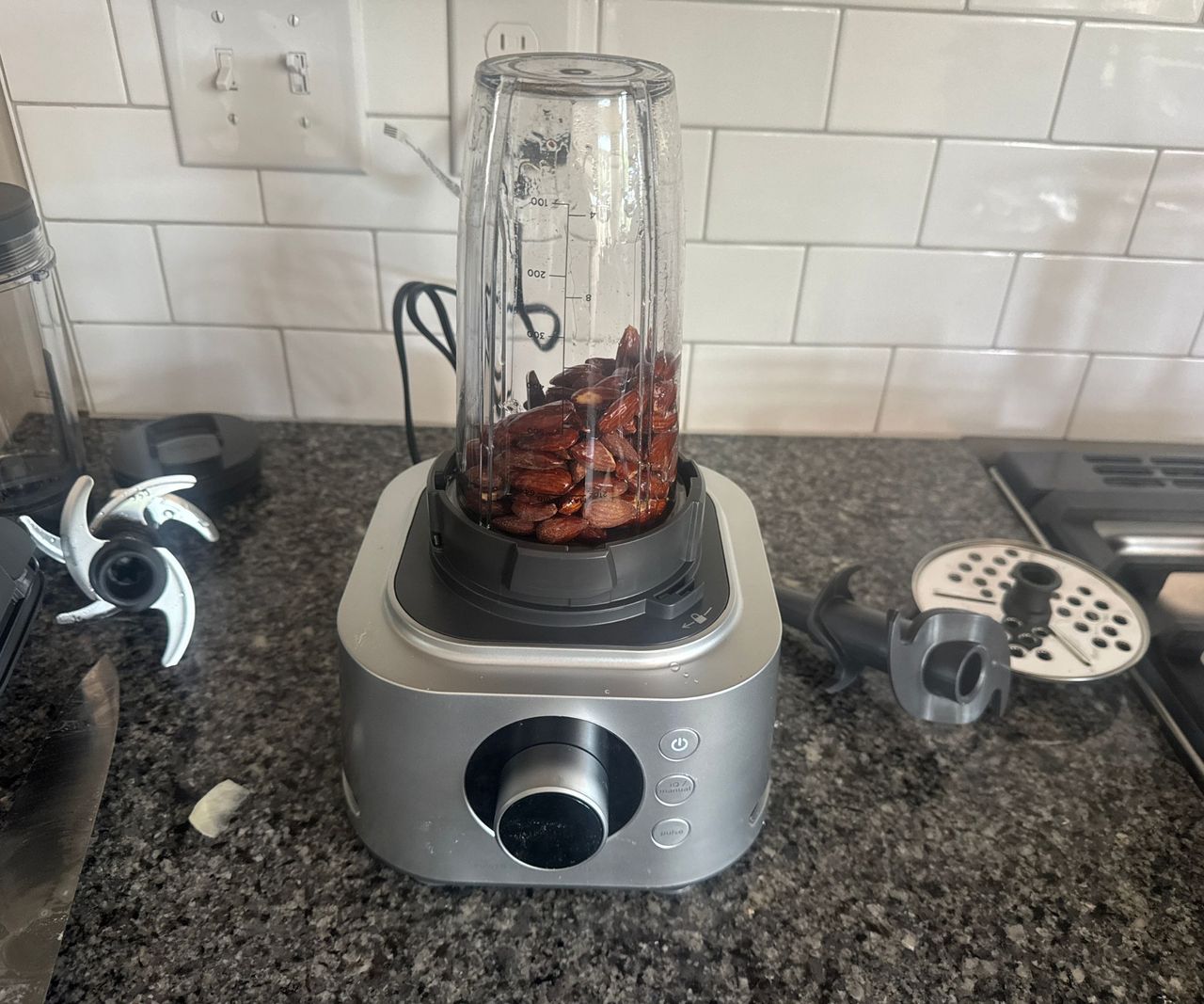Whole almonds inside the processing pitcher of the Ninja Foodi Power Blender Ultimate System