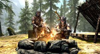 Skyrim Anniversary Edition - a character in all gold armor draws a wooden bow