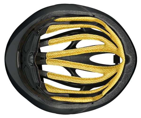 The one-piece interior padding on the new Mavic Plasma SLR helmet uses dual-density foam and X-Static antibacterial fabric.