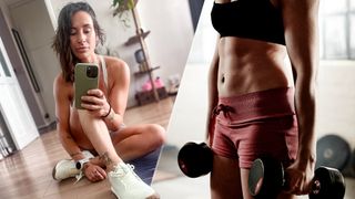 Sam sitting on the left image with her camera; right image, toned person holding dumbbells by sides