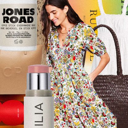 collage of summer fashion and beauty essentials