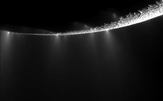 Plumes large and small spray water ice out from many locations along the famed "tiger stripes" near the south pole of Saturn's moon Enceladus. The tiger stripes are fissures that spray icy particles, water vapor and organic compounds. This mosaic was created from two high-resolution images that were captured by the narrow-angle camera when NASA's Cassini spacecraft flew past Enceladus and through the jets on Nov. 21, 2009.
