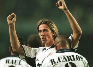 Guti celebrates Real Madrid's win over Bayer Leverkusen in the 2000/2001 season.