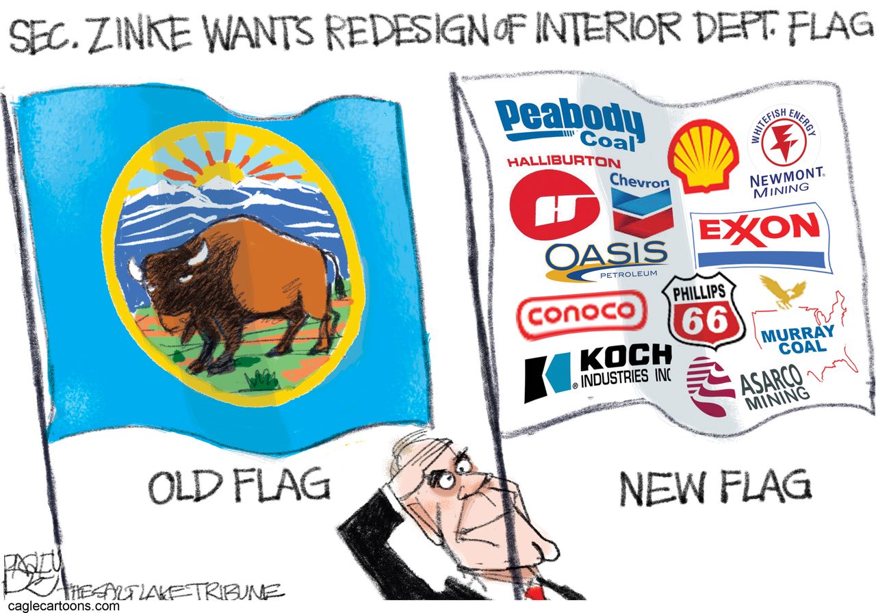 Political cartoon U.S. Ryan Zinke interior flag climate change fossil fuels