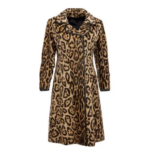 A closeup of Carolyn Bessette-Kennedy vintage double-breasted faux-leopard fur coat