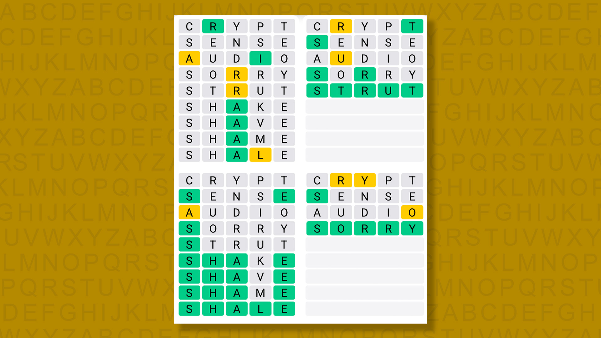 Quordle answers for game 1590 on a yellow background