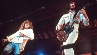 Roger Daltrey (left) and Pete Townshend perform with The Who at The Oval cricket ground in London on September 18, 1971