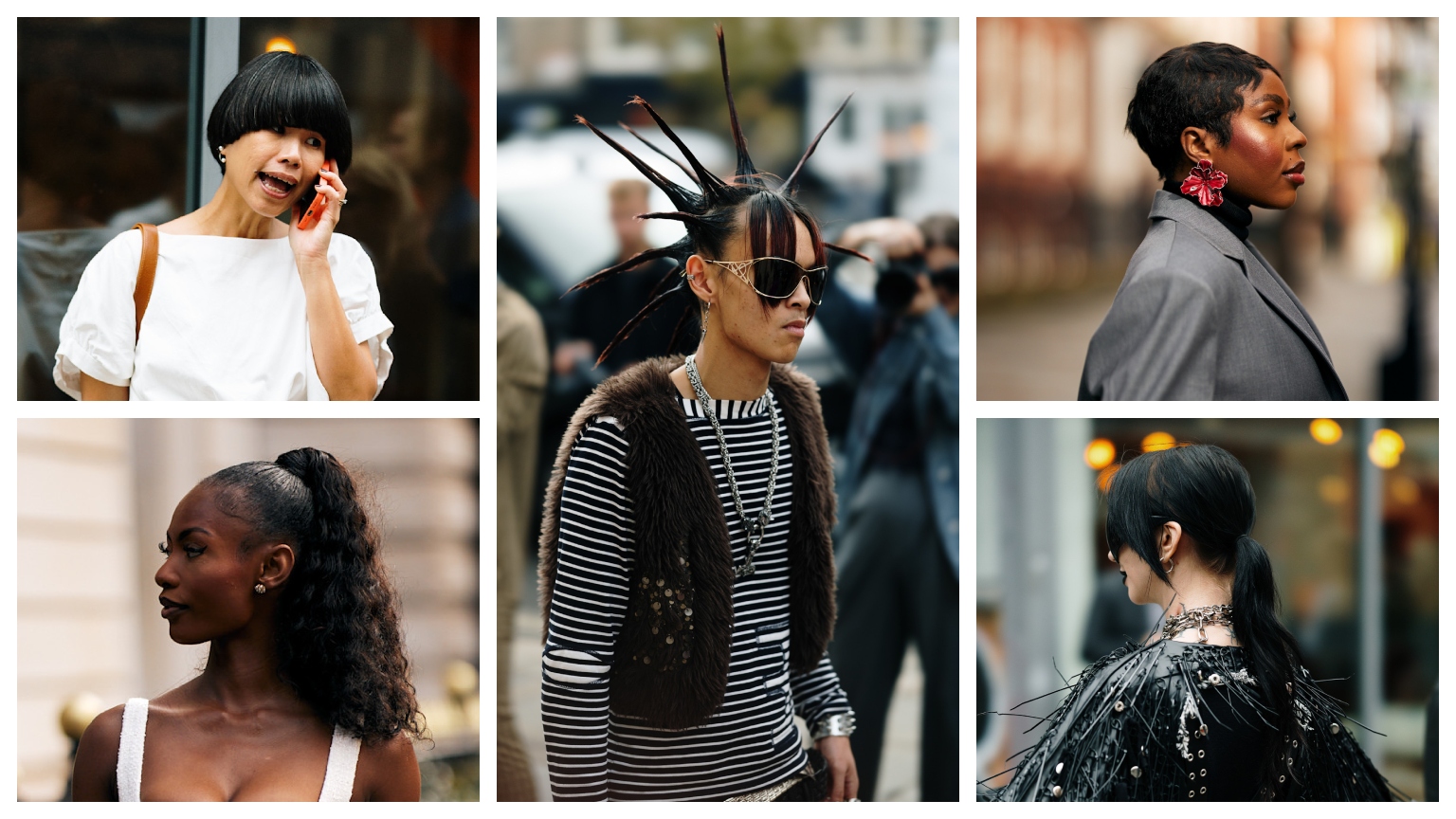 a collage of five women wearing cool London fashion week hairstyles and makeup