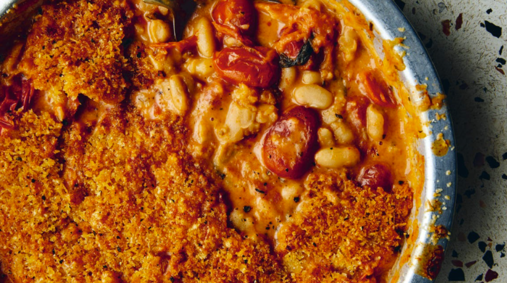 tomato, anchovy, white bean gratin