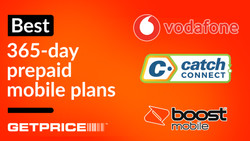 Getprice 365 day prepaid phone plan hero image with Vodafone, Catch Connect and Boost Mobile logos