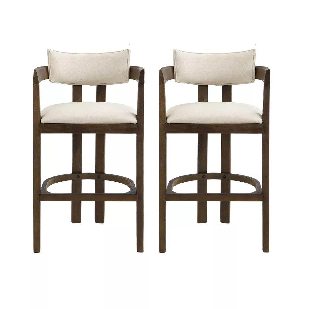 Curved dining stools in dark wood and cream