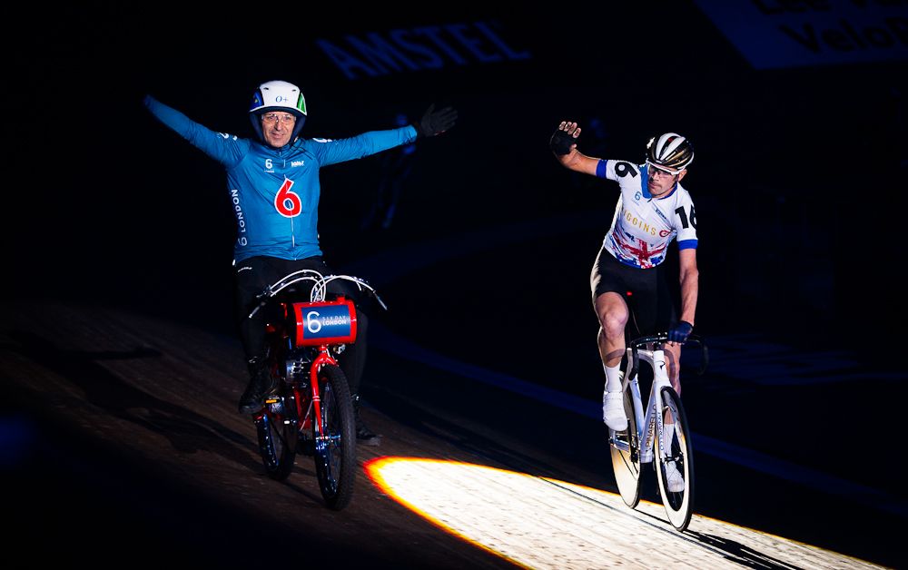 Andy Tennant of Great Britain celebrates winning the 40 lap derny in the Six Day London