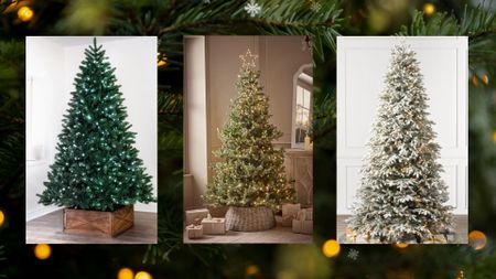 A selection of some of the best Black Friday Christmas tree deals in 2024, on a sparkly green background