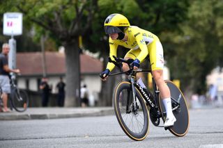 PAU FRANCE JULY 30 Demi Vollering of The Netherlands and Team SD Worx Protime Yellow leader jersey sprints during the 2nd Tour de France Femmes 2023 Stage 8 a 226km individual time trial stage from Pau to Pau UCIWWT on July 30 2023 in Pau France Photo by Alex BroadwayGetty Images