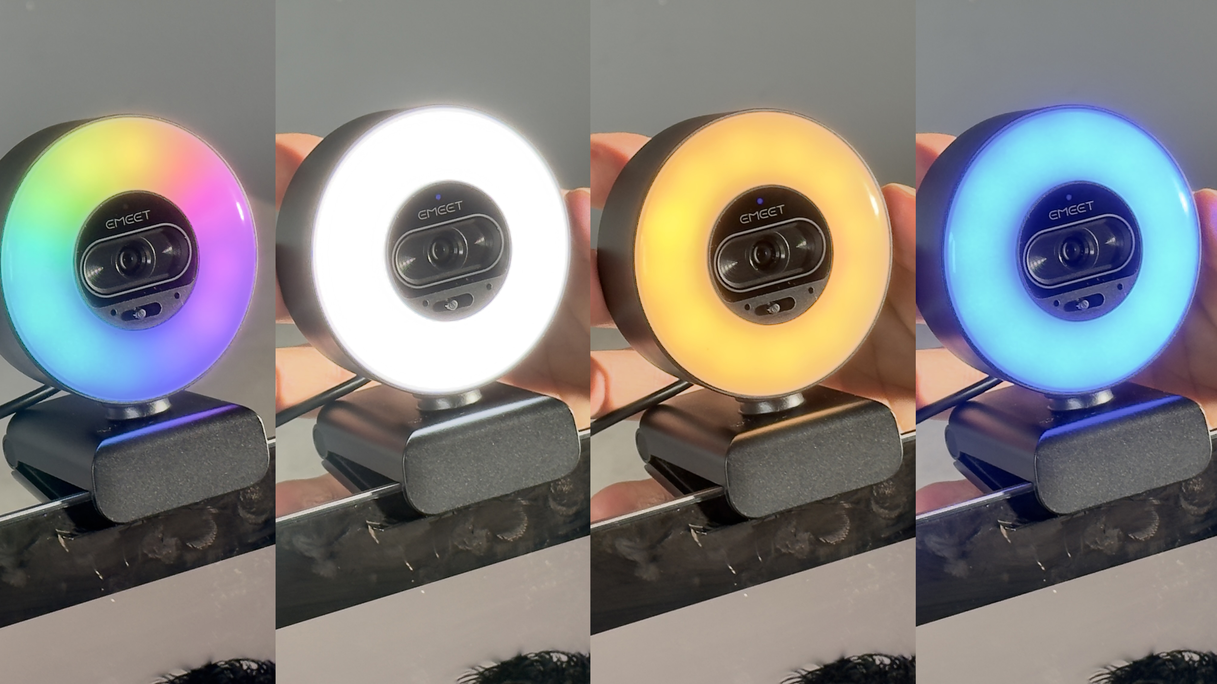 Four views of the EMEET webcam displaying multicolor, bright white, warm orange and blue ring-light settings.