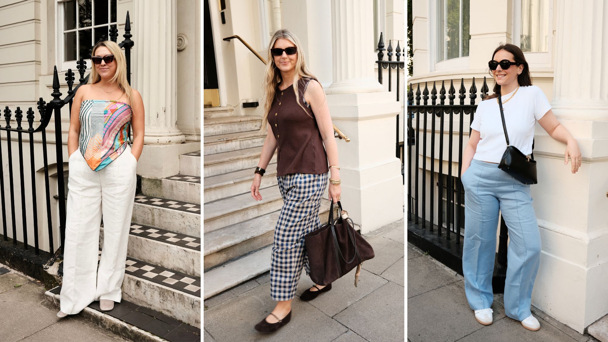 Clementina, Katie and Lottie from the Marie Claire UK team wearing some of the best linen trousers in this guide