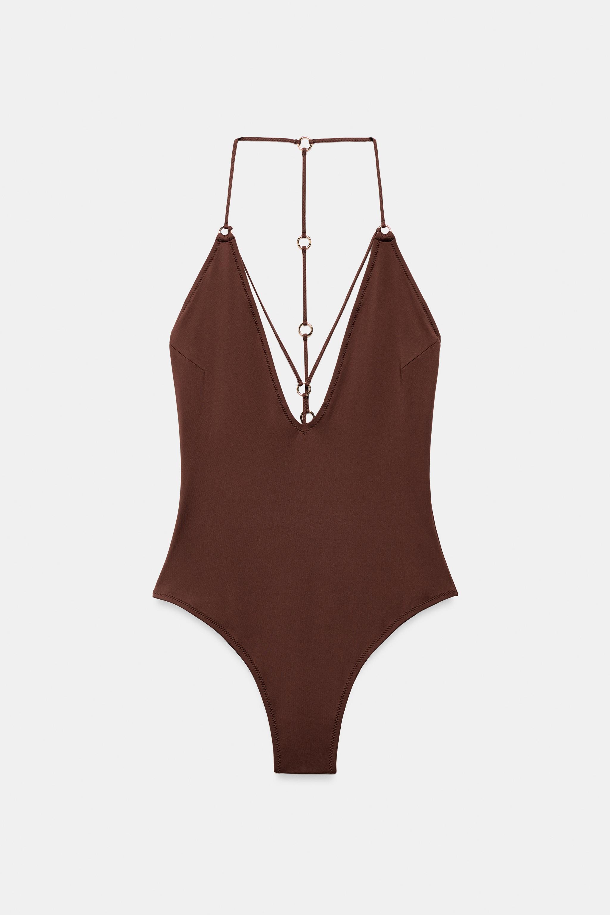 Plain Eyelet Swimsuit - Brown - Xs