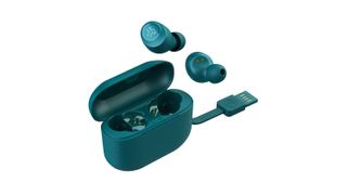 JLab Go Air Pop review: teal headphones and case on a white background