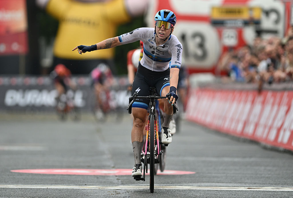 DIEST, BELGIUM- JUNE 14: Lorena Wiebes of Netherlands and Team SD Worx - Protime celebrates at finish line as race winner during the 5th Dwars door het Hageland 2025 – Women´s Elite a 124.6km one day race from Aarschot to Diest on June 14, 2025 in Diest, Belgium. (Photo by Luc Claessen/Getty Images)