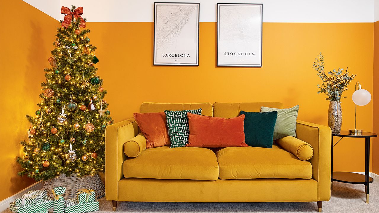 Christmas house makeover with yellow living room and yellow sofa