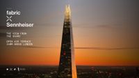 Sunset view of the Shard illuminated against an orange sky, with a "fabric x Sennheiser" event graphic for The View from the Shard overlaid on the left.