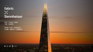 Sunset view of the Shard illuminated against an orange sky, with a "fabric x Sennheiser" event graphic for The View from the Shard overlaid on the left.