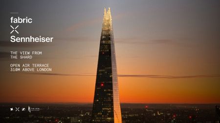 Sunset view of the Shard illuminated against an orange sky, with a "fabric x Sennheiser" event graphic for The View from the Shard overlaid on the left.
