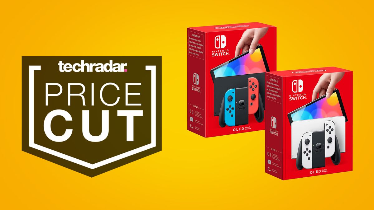 Nintendo Switch OLED consoles side by side on a yellow background next to a techradar price cut badge