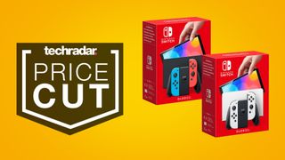 Nintendo Switch OLED consoles side by side on a yellow background next to a techradar price cut badge