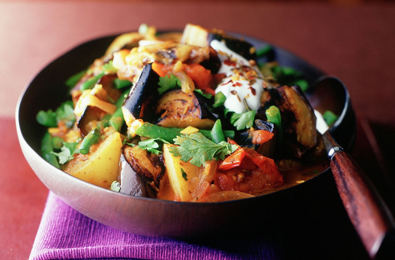 Aubergine, bean and potato curry