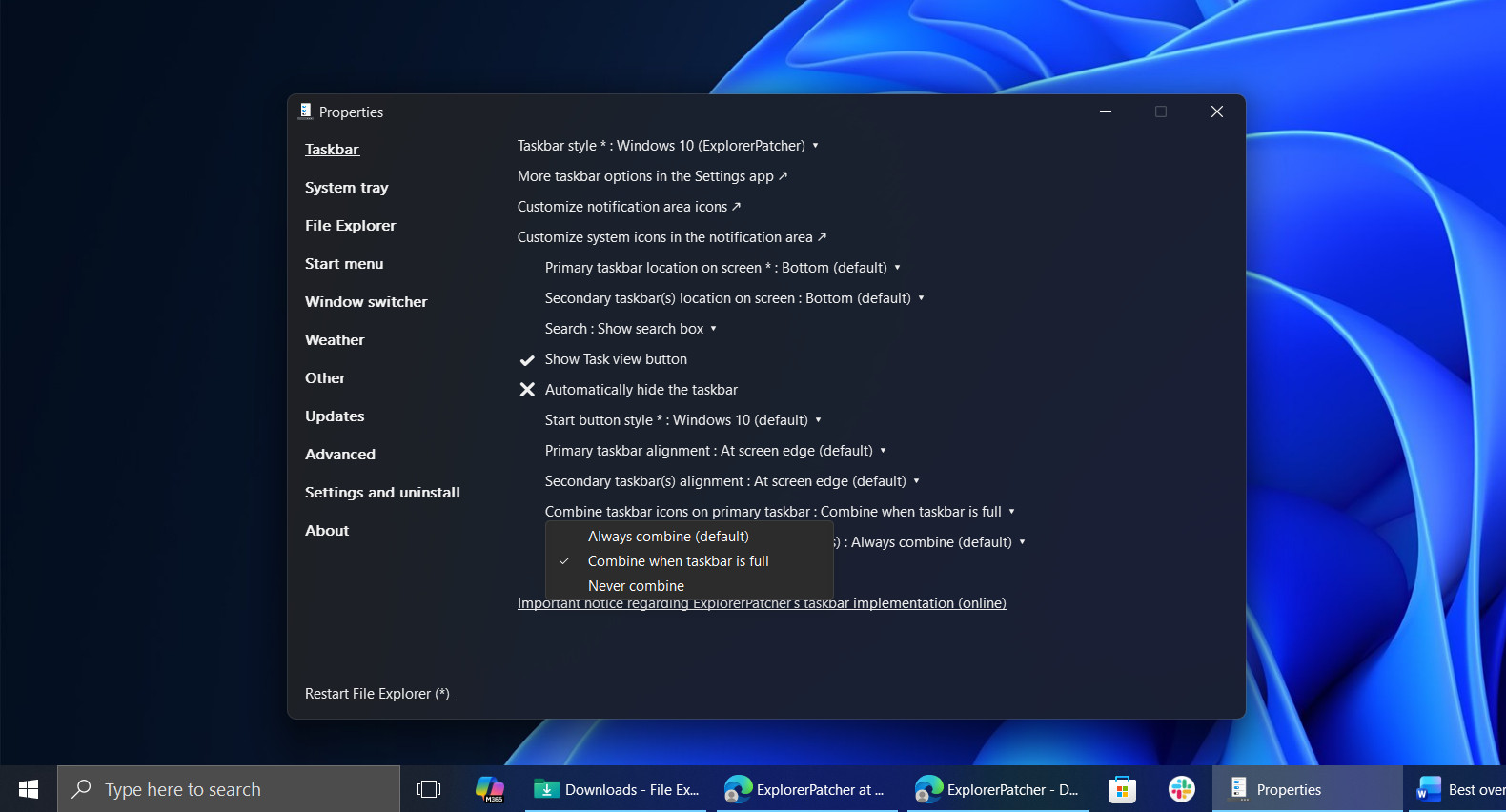 ExplorerPatcher app running on a Windows 11 PC, showing taskbar icon customization settings.