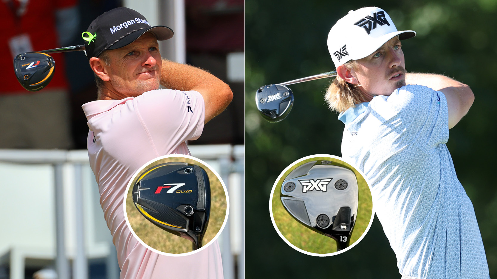 Justin Rose and Jake Knapp hit mini drivers, with two mini drivers appearing in circles