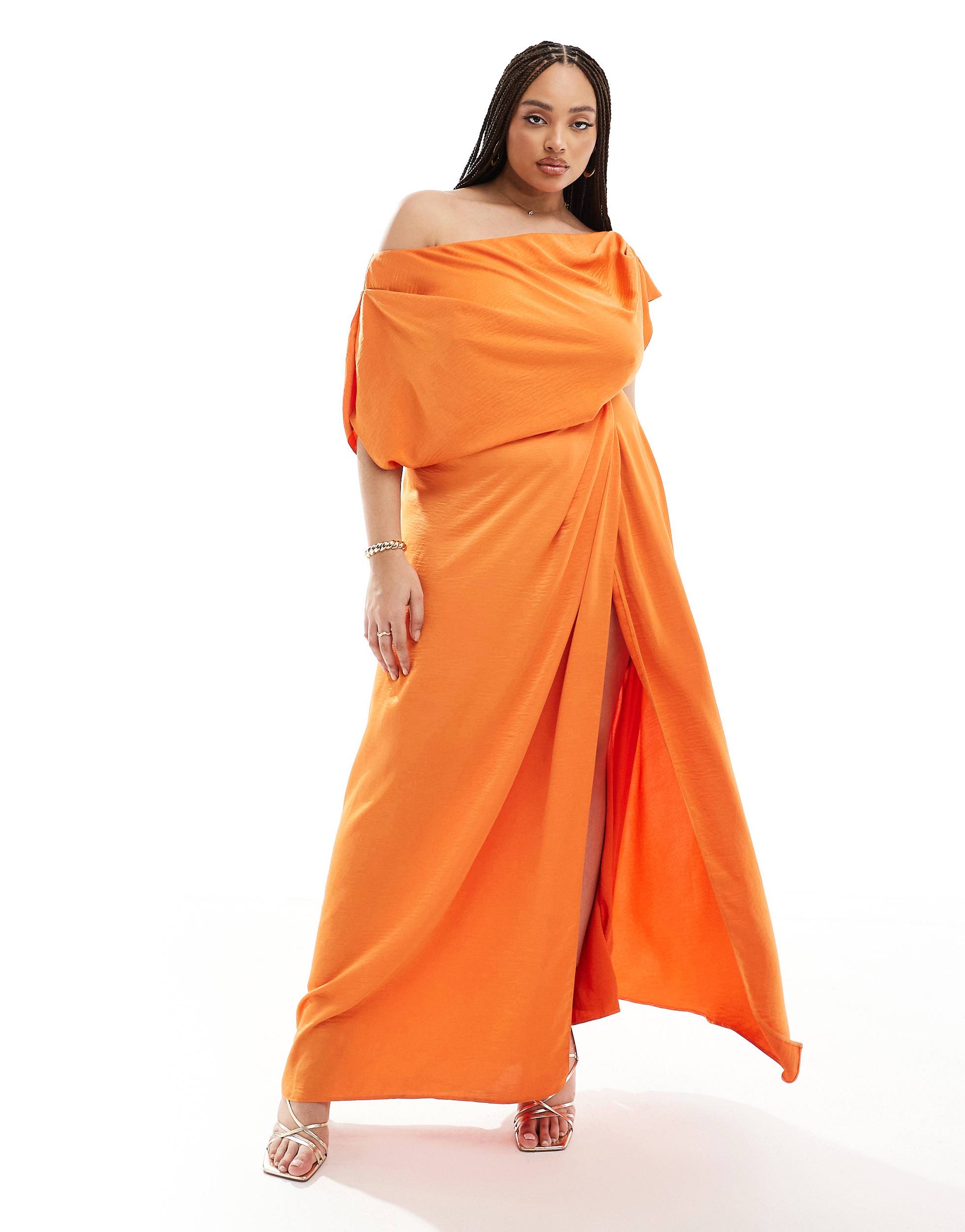 Asos Design Curve Exclusive Satin Off Shoulder High Split Maxi Dress in Orange