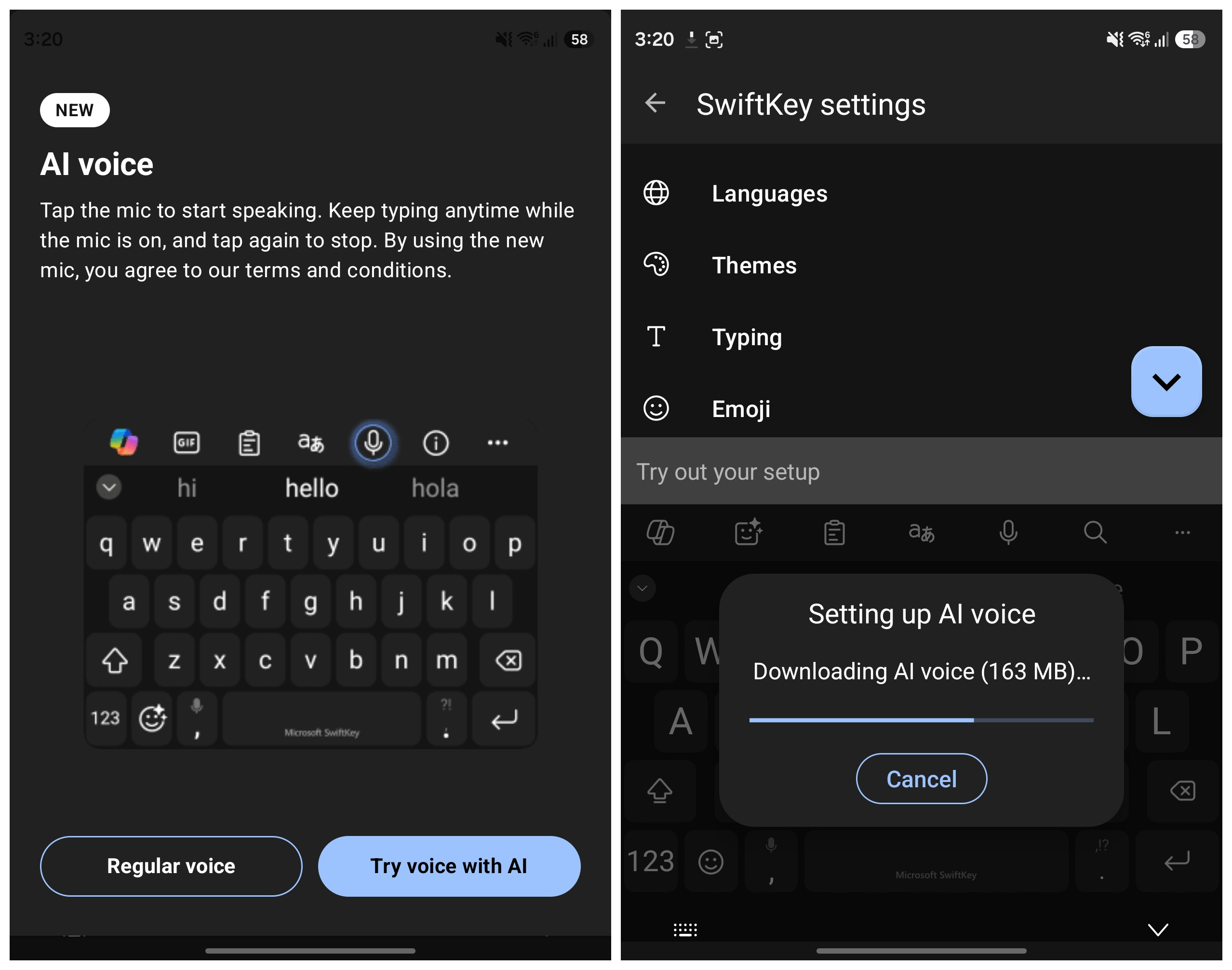 Swiftkey AI voice typing feature in action