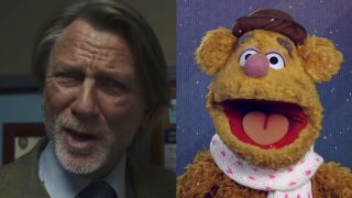 Side by side: Benoit Blanc in disbelief in Wake Up Dead Man; Fozzie Bear in scarf with mouth wide open