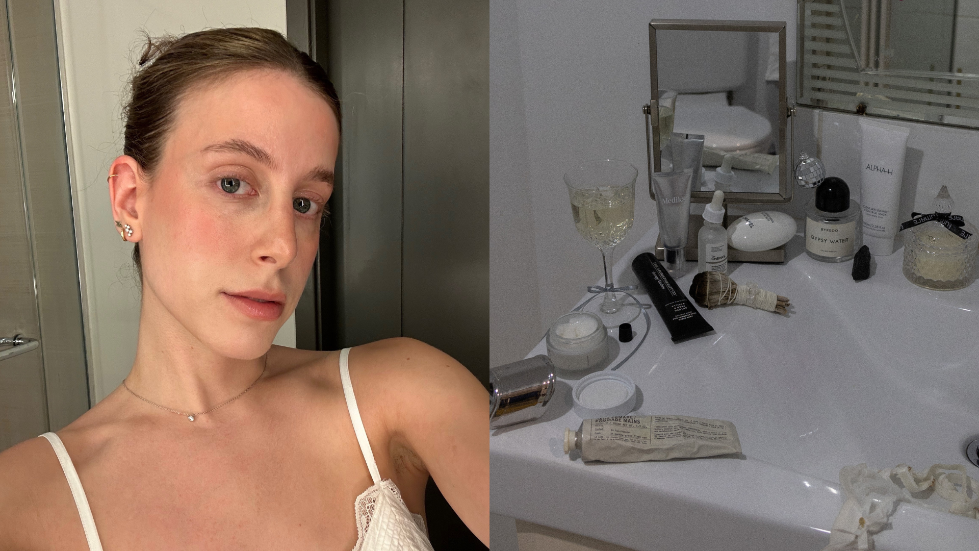Photo collage of Jamie Schneider and skincare products on a bathroom sink