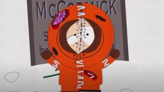 A stitched up Kenny re-emerging from the grave in South Park.