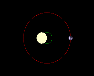 an animation showing a large circular body and a smaller circular body orbiting a point in between the two