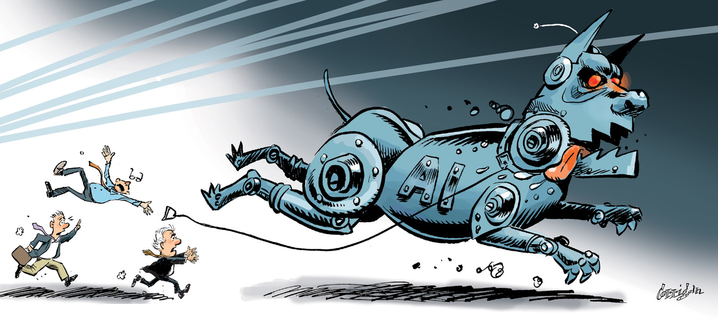 Three small men chase after a giant, angry robotic dog labelled &amp;ldquo;AI&amp;rdquo; that has broken free from the men holding its leash.