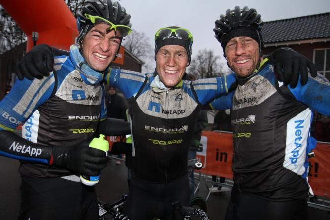 Smiles all around as NetApp-Endura teammates Andreas Schillinger, Alexander Wetterhall and Markus Eichler (L-R) swept the top three places at the Ronde van Drenthe