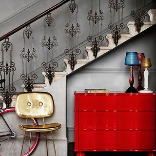 red lacquered and grey hallway