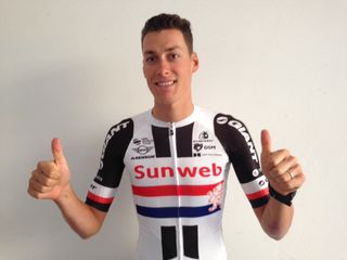 Dutch national champion Ramon Sinkeldam shows of his new jersey
