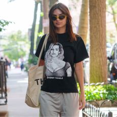 Emily Ratajkowski wearing a Stormy Daniels T-shirt