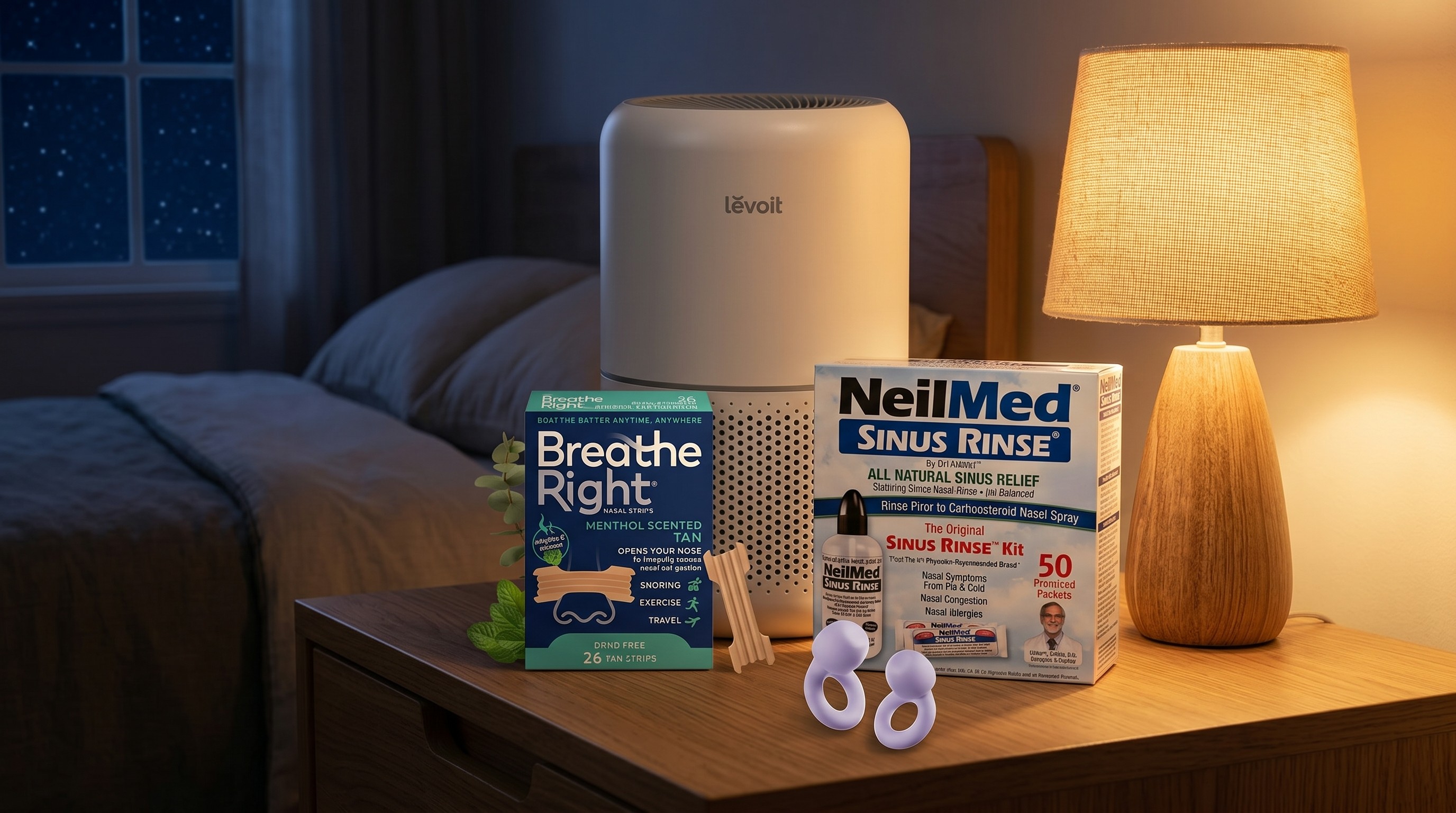 Anti-snoring products on a nightstand at night.