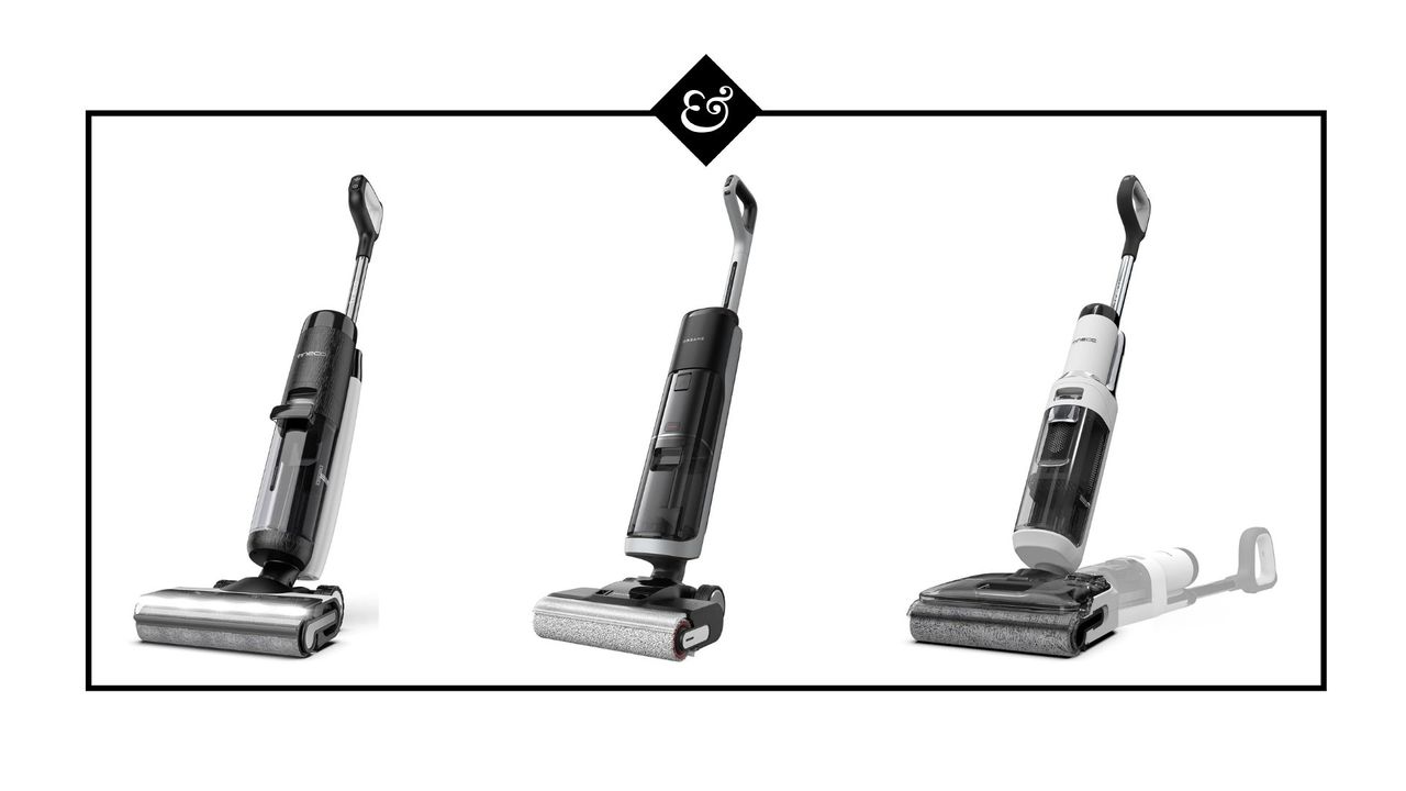 Three vacuum-mop combos side-by side with black border and Homes &amp; Gardens logo. Vacuum-mop on the furthest right features silhouette laying flat.