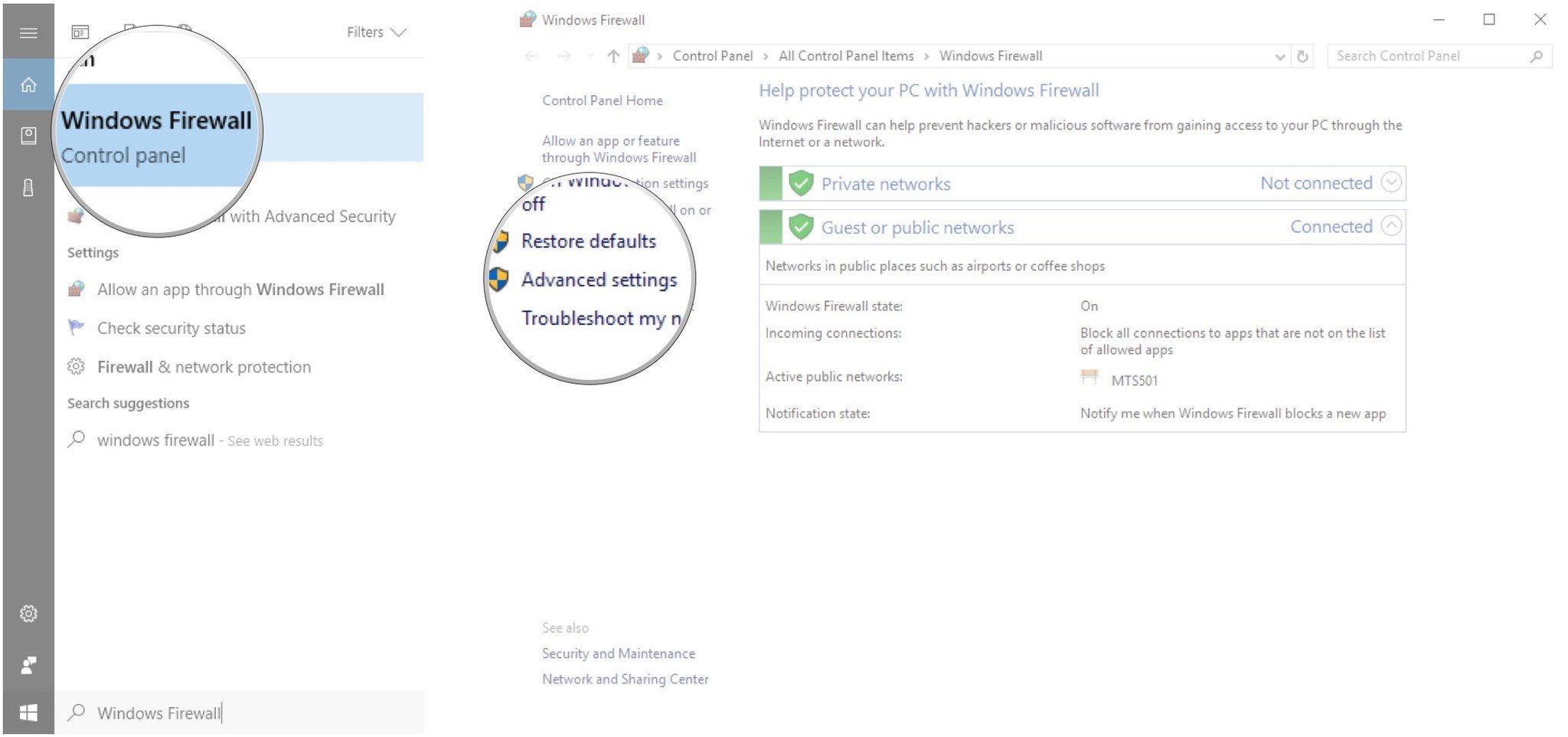 Click Windows Firewall. Click Advanced settings.