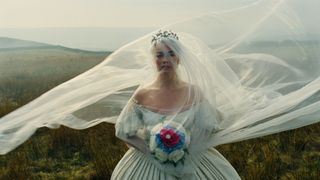 Margot Robbie in a weddin gown in Wuthering Heights