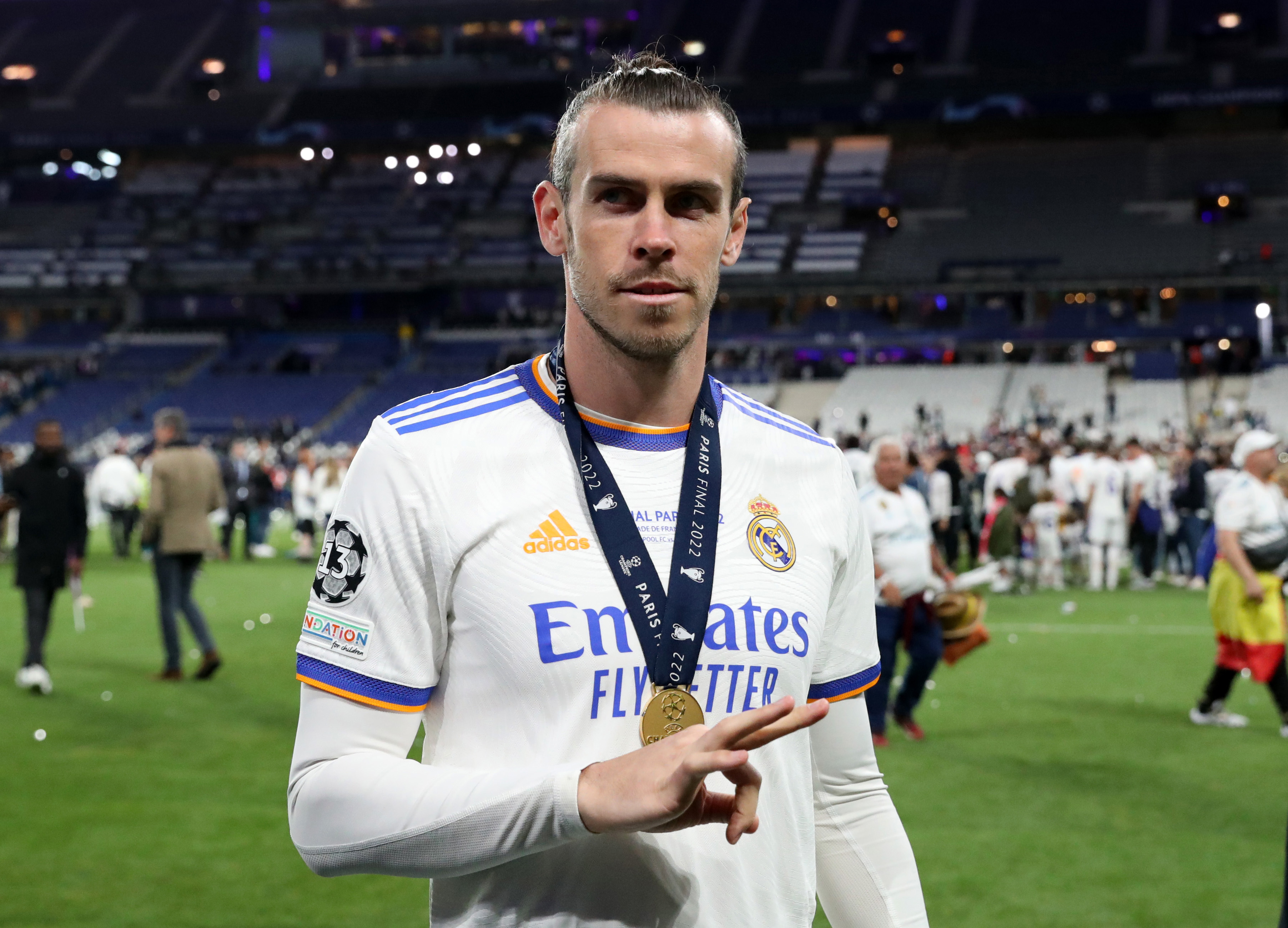 Gareth Bale of Real Madrid wears his Champions League winner's medal, 2022