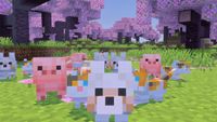 Minecraft wolf puppy looking at the player with piglets and kittens behind