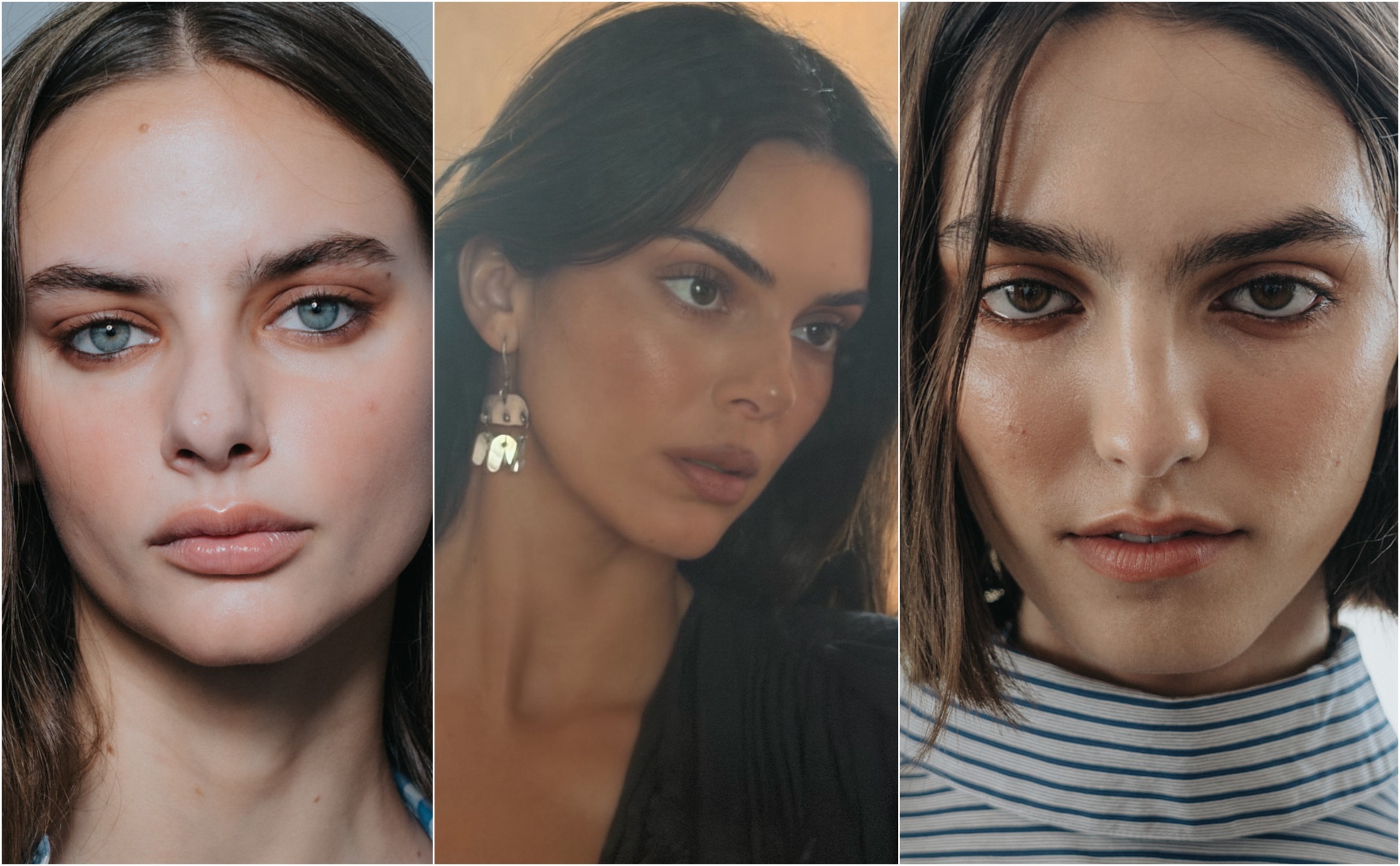 Three makeup close-ups, soft pink blush on the left and warmer muted cheeks in the center and right, with neutral lips and a little brown around the eyes